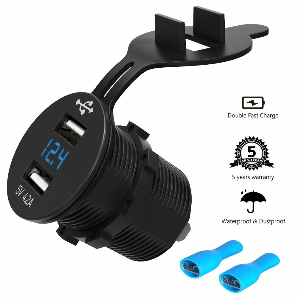 Aluminum 4.2A Dual USB Port Car Cigarette Lighter Socket Plug Blue LED Voltmeter