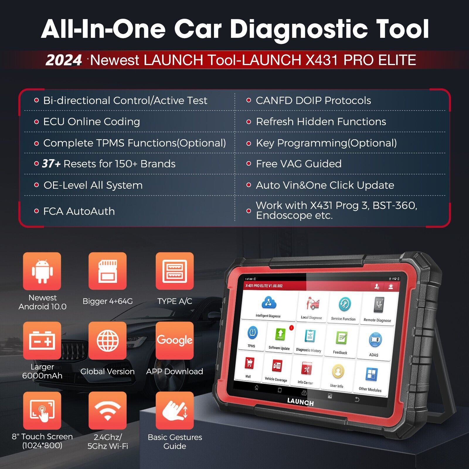 Launch X431 Pro Elite PRO5 Bidirectional OBD2 Scan Tool Key Programmer 37+ reset