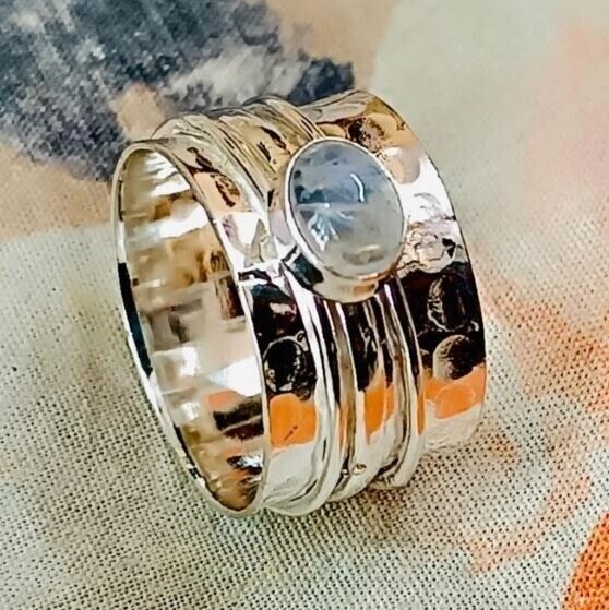 Handmade Rainbow Moonstone Spinner Ring Solid 925 Silver Ring All Size SR319
