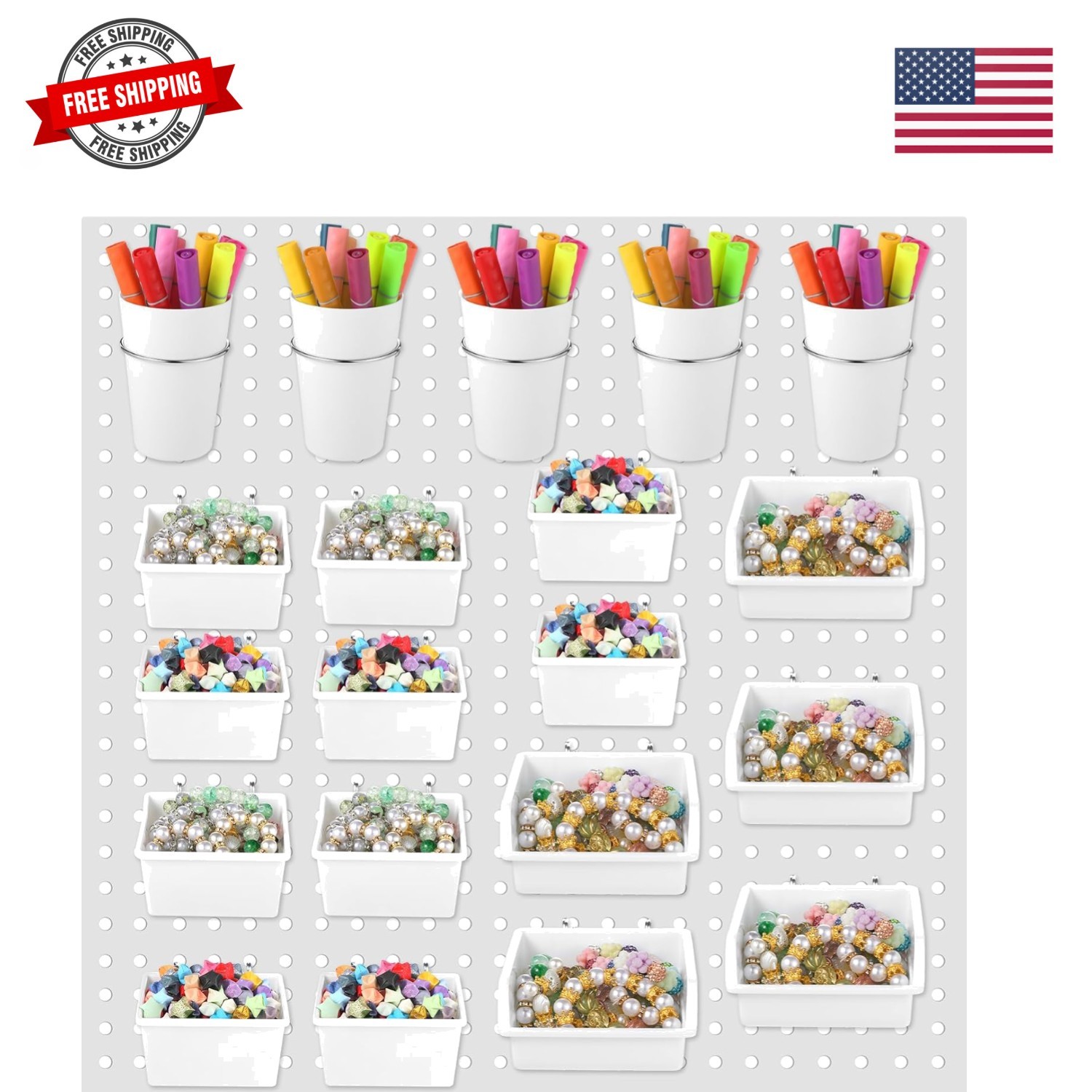 20 Pcs Pegboard Bins and Cups with Hooks and Loops, Peg Board Hooks Assortmen...