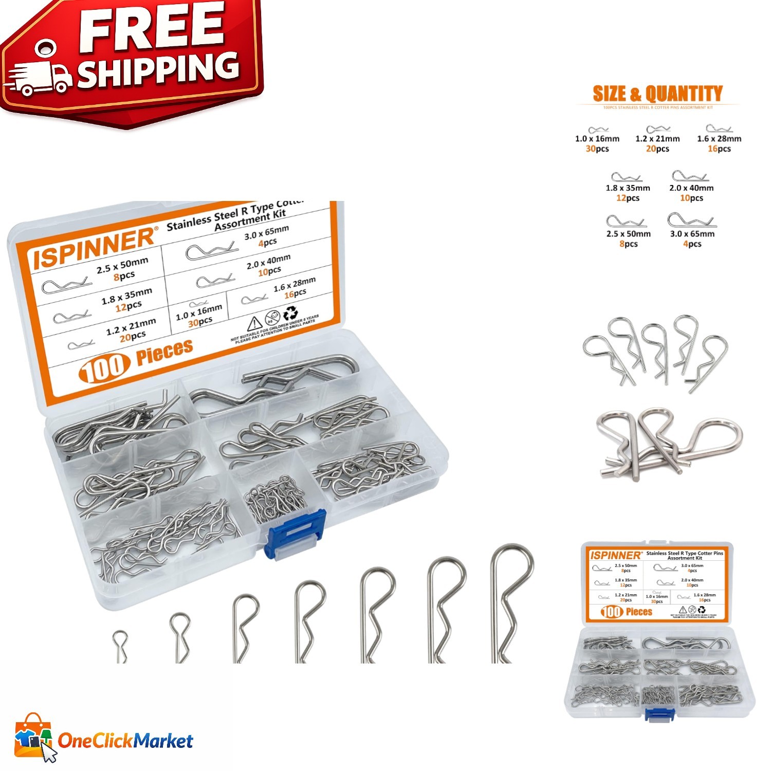 100pc Stainless Steel Cotter Pins Assortment - 7 Sizes for Tight Fastening