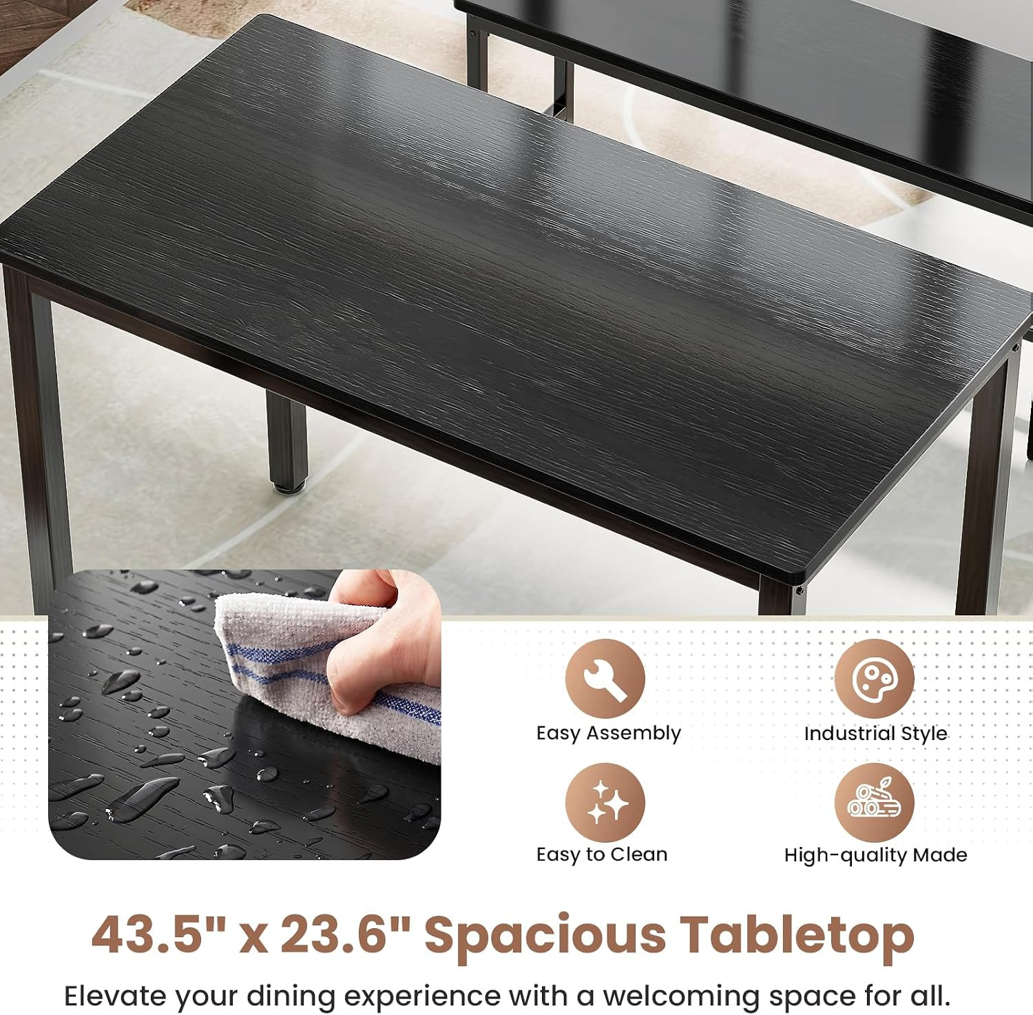 Dining Table Set for 4, Kitchen Table with 2 Benchs, Black | Modern Functional 3