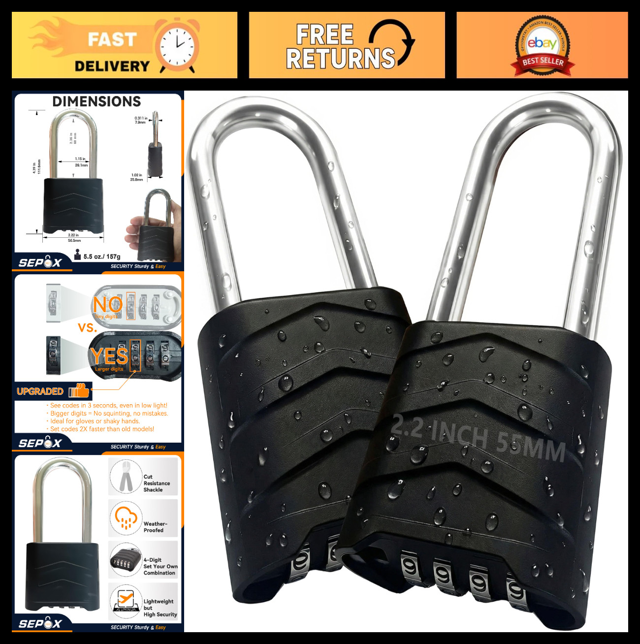 2PCS Large Combination Padlock - 2-5/8" Long Shackle, Weatherproof, 4-Digit Rese