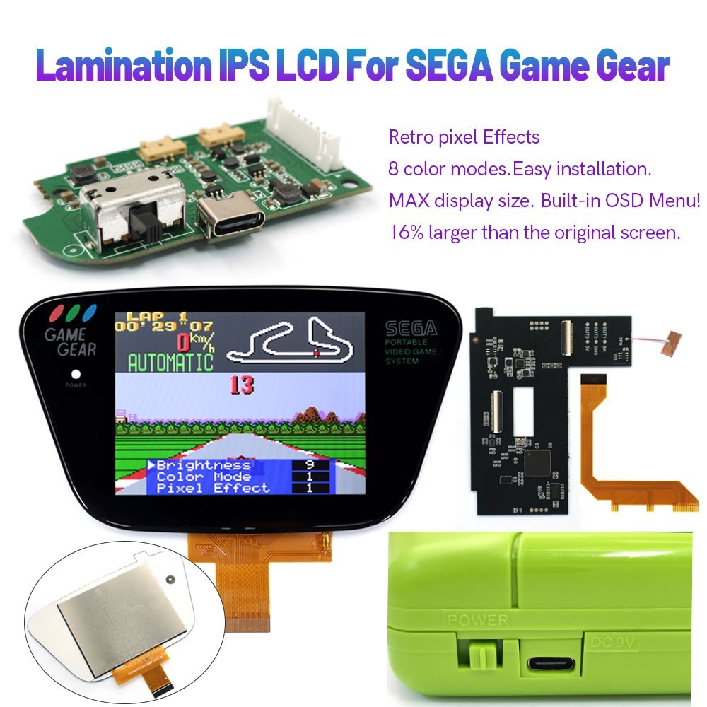 For SEGA GG 3.5" Laminated High Definition IPS LCD Kit With Shell &Dual Battery