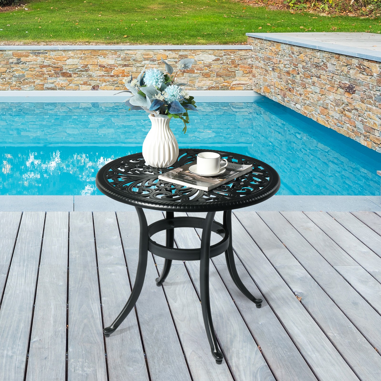 Phoenix Cast Aluminum Round Table, Patio End Table Side Table