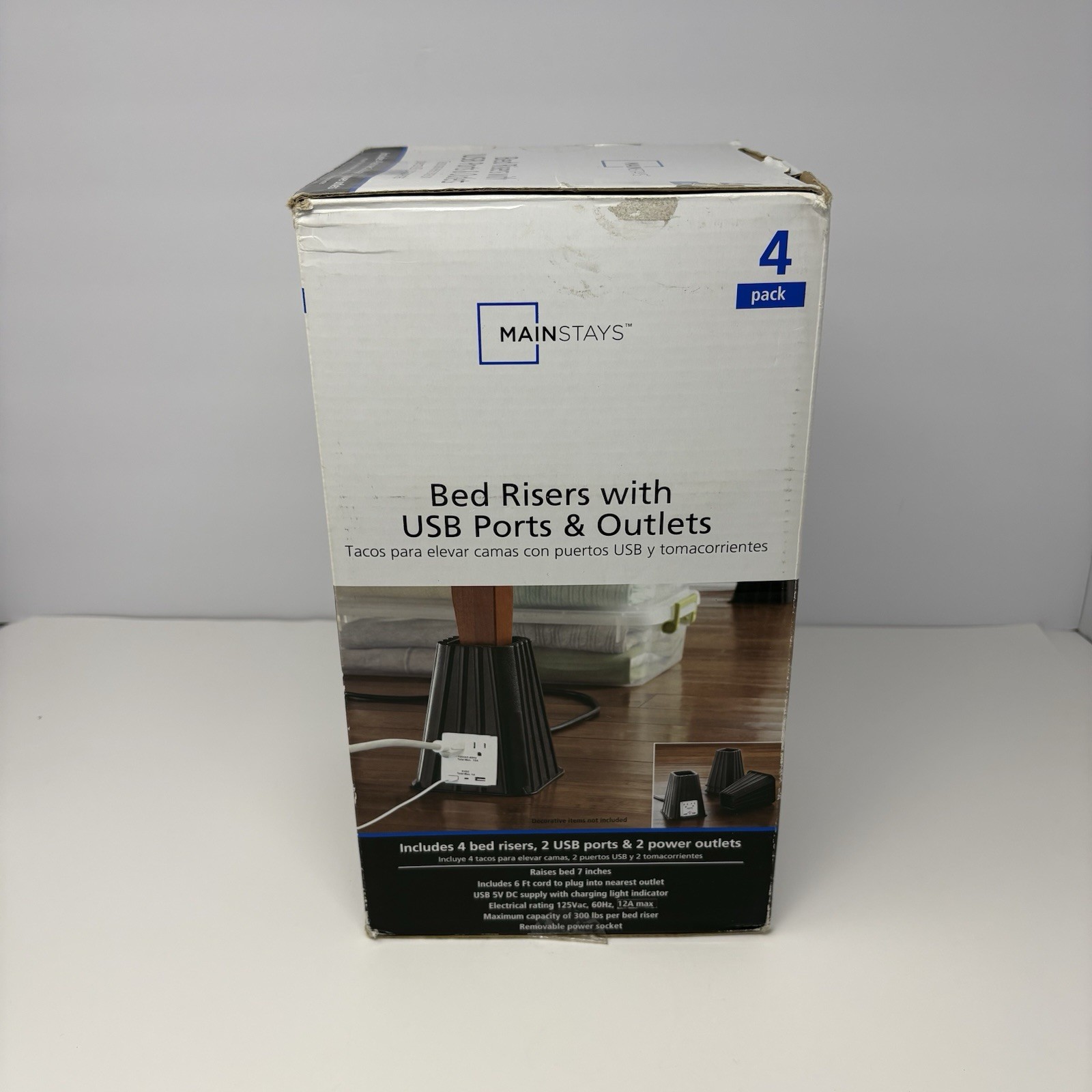 Mainstays 4 Pack 7” Bed Risers w USB Ports & Power Outlets Black