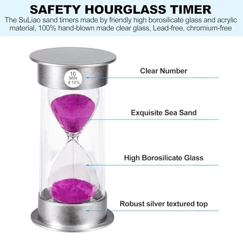 Sand Timer Hourglass, Large Sand Clock, Unbreakable Plastic for 10 Min Purple