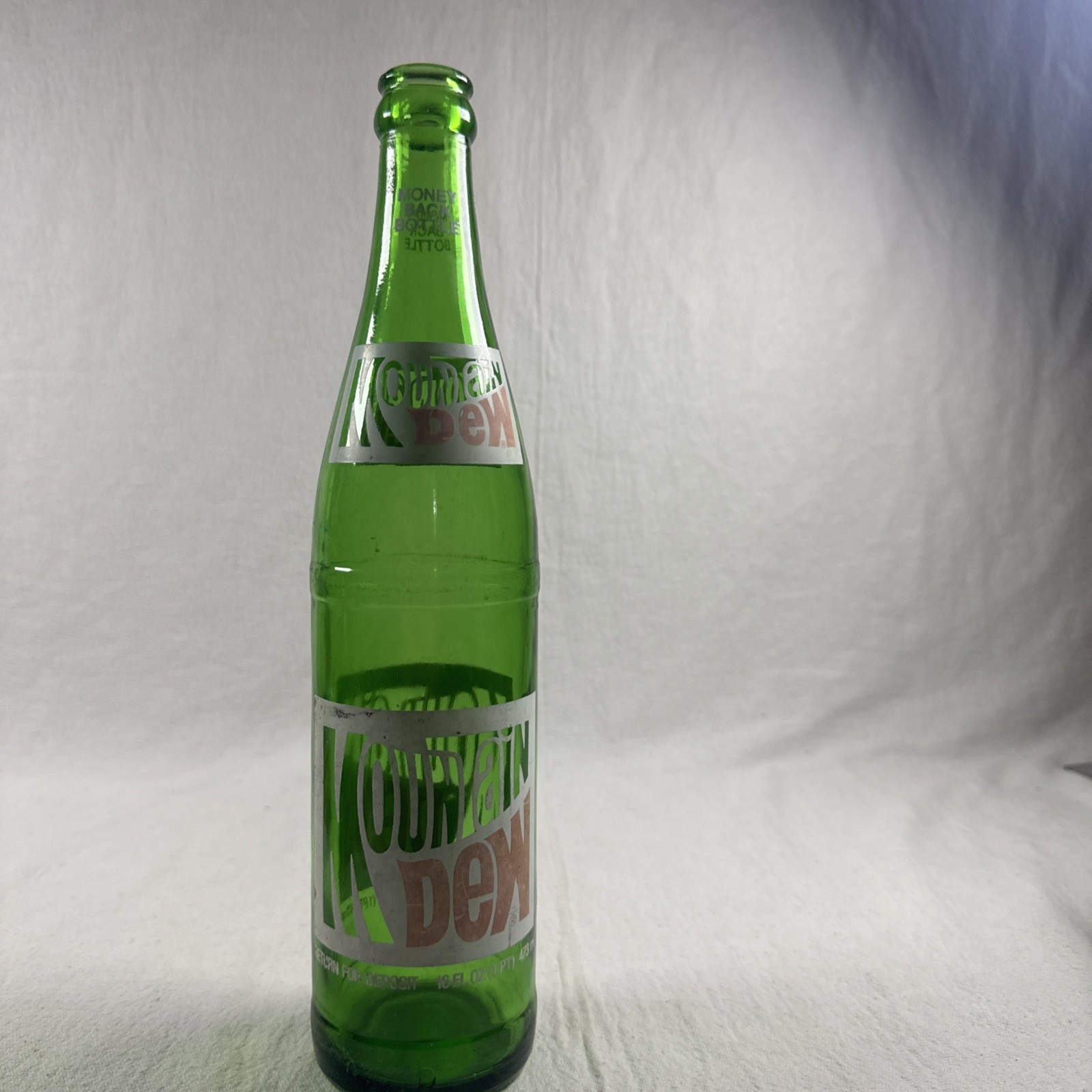 Vintage 1970s Mountain Dew 16oz(1 Pint) Money Back Bottle ACL Green Glass!!