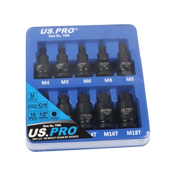 US PRO 10PC 1/2" Drive Impact Spline Bit Socket Set M4-M18 Tamper VW Audi
