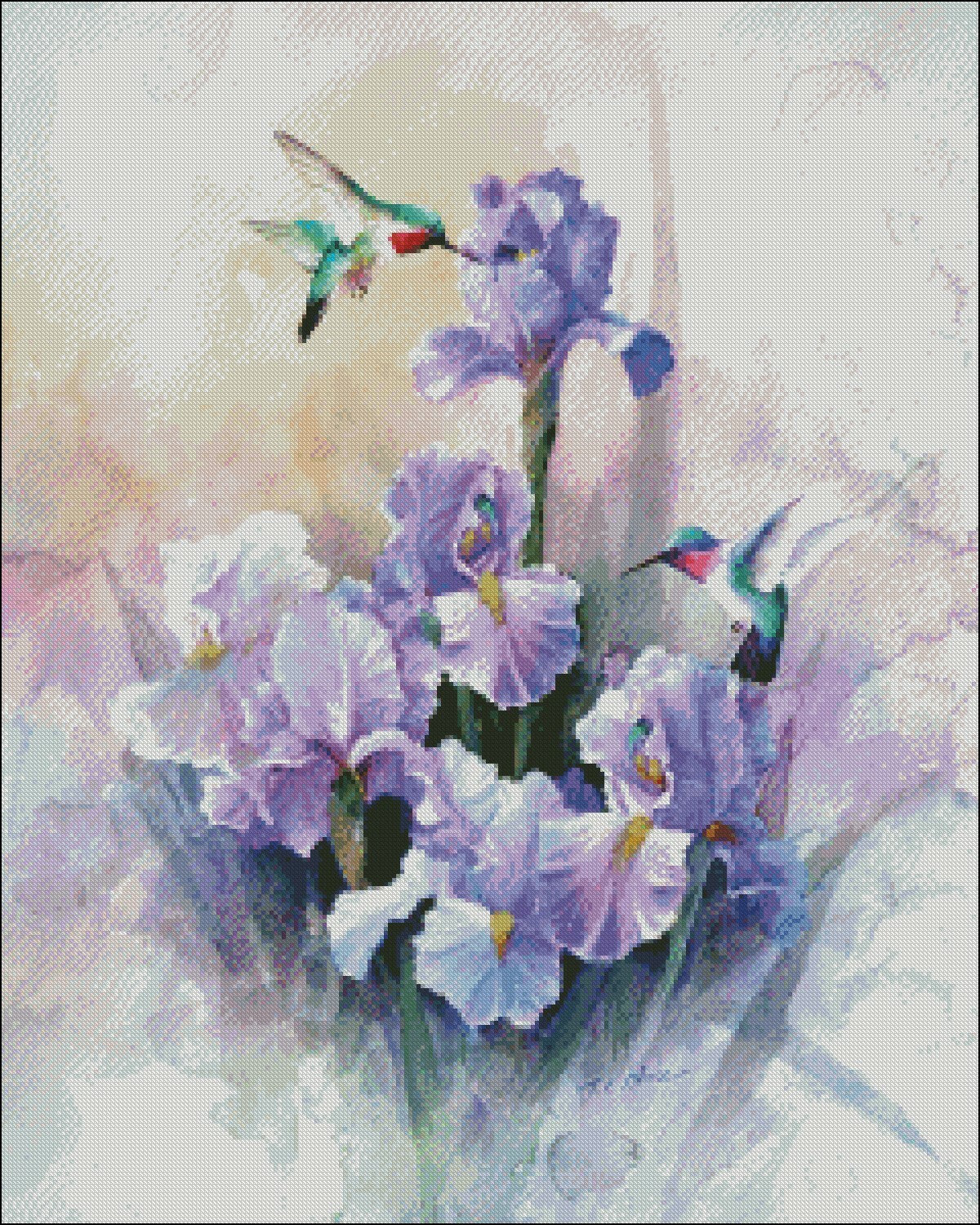Hummingbirds and Purple Iris - Chart Counted Cross Stitch Patterns Needlework