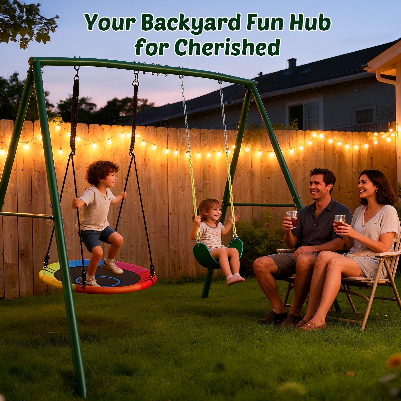 Trekassy 440lbs 2 Seat Metal Swing Set with Heavy Duty A-Frame Metal Swing Stand