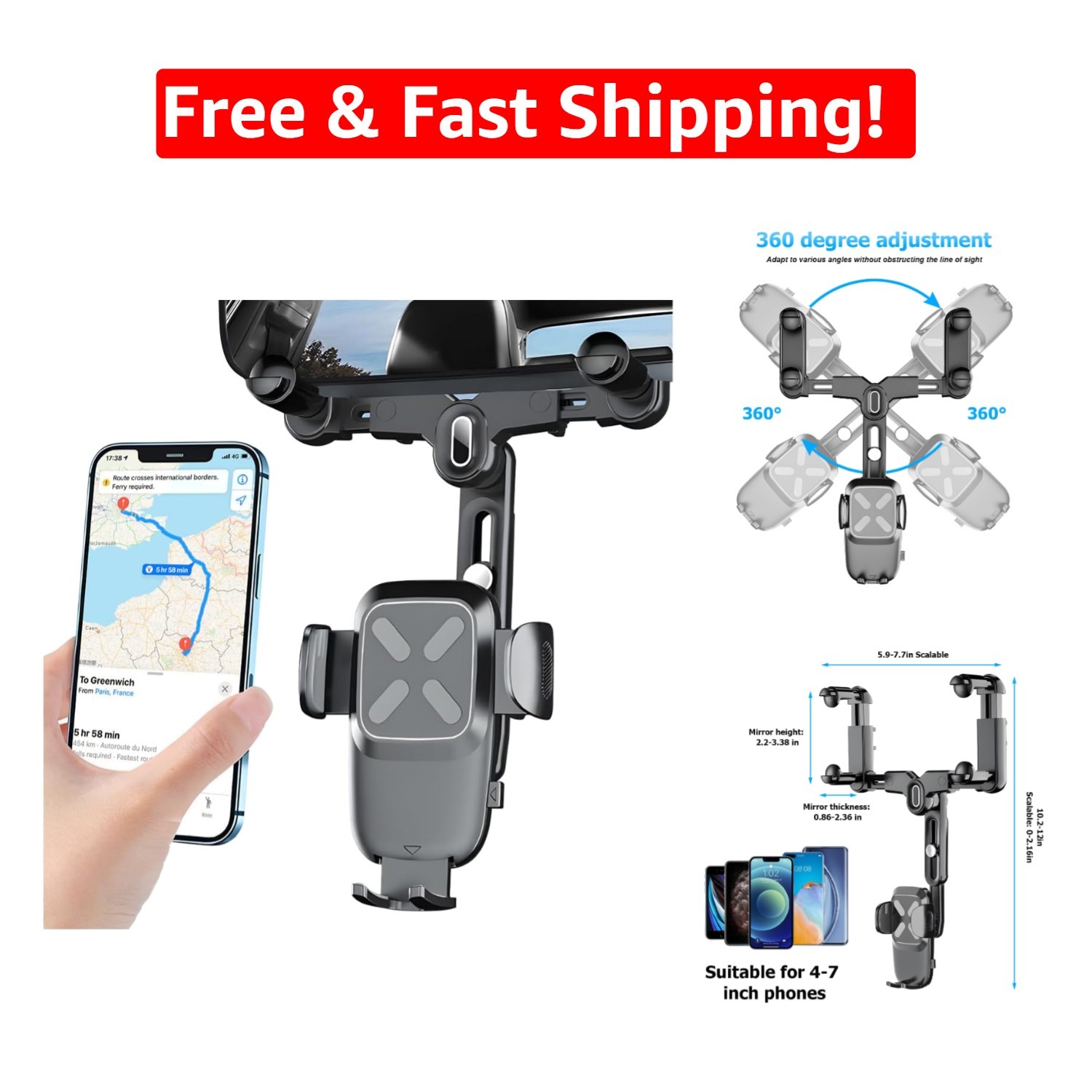 360° Rotatable Car Rear View Mirror Phone Holder for Safe Navigation