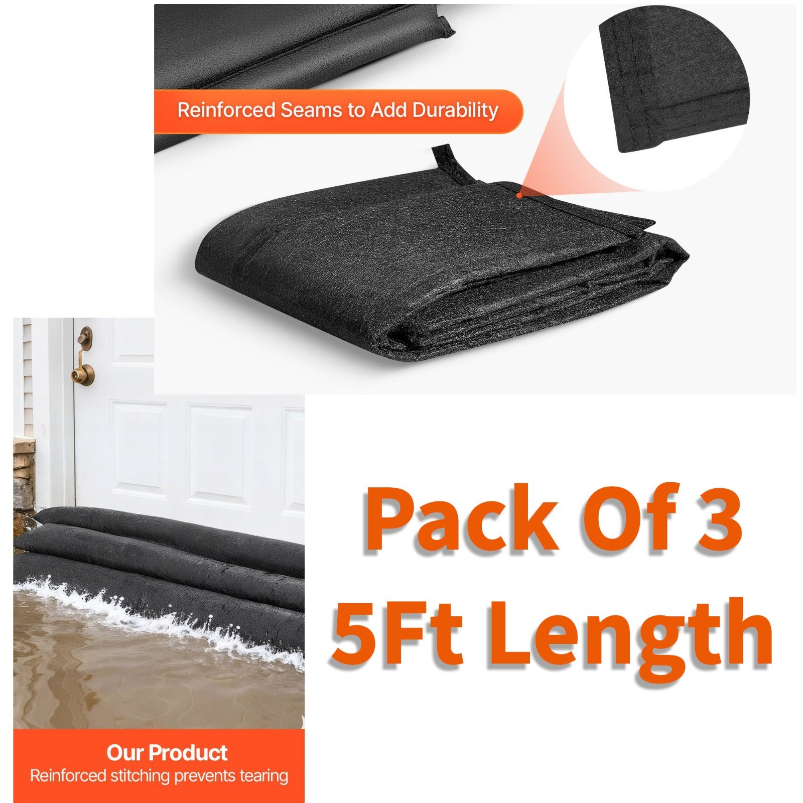 5FT Flood Barrier, Water Activated Sandless Bags -3 Pack- Reusable Water Control