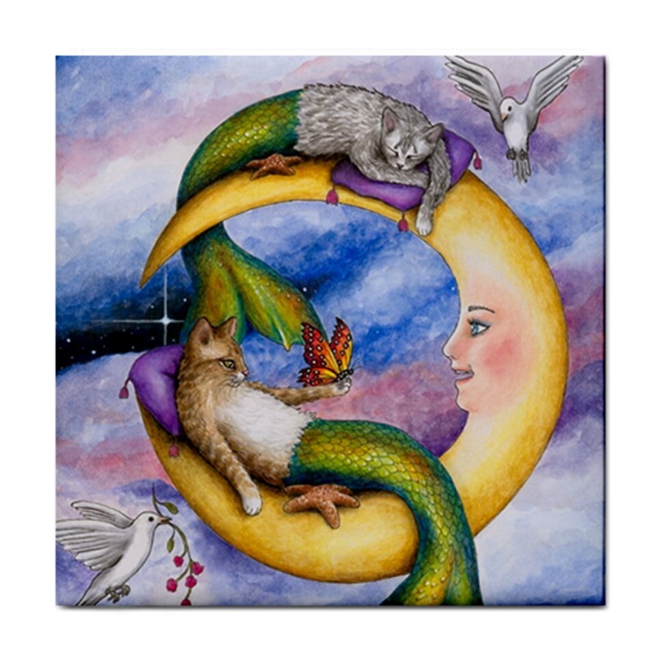 Ceramic Tile 4.25 x 4.25 Cat Mermaid 29 Yellow Moon fantasy art by L.Dumas