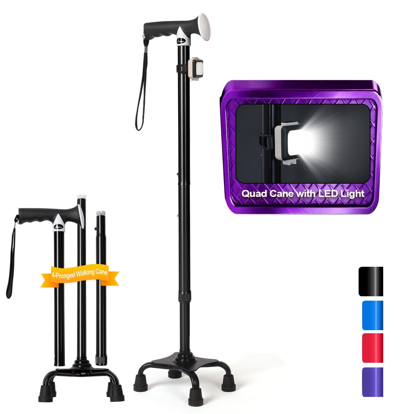 Quad Cane (300 lb) - Adjustable Walking Cane with Large 4-Pronged Base & LED ...