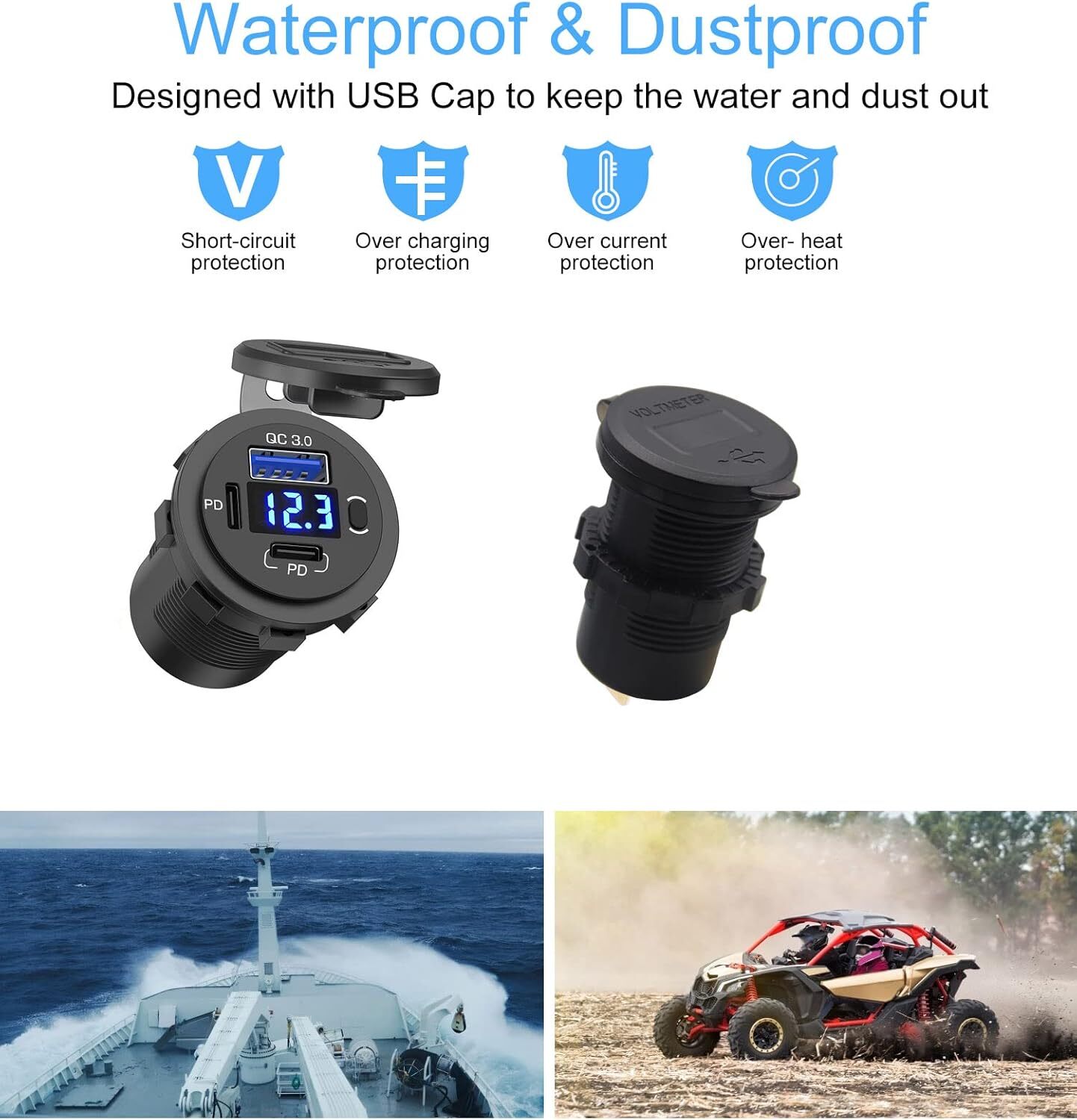12-24V Dual USB Quick Charge 3.0 Port & PD USB C Car Charger Socket w/ Voltmeter