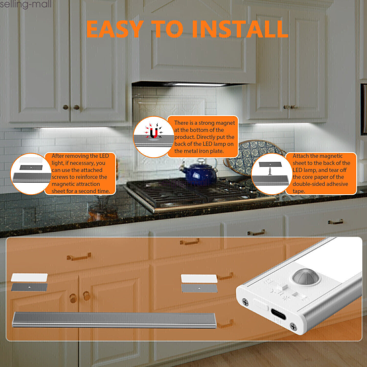 80/104/146 LED Under Cabinet Lighting Motion Sensor Stick-on Night Light Bar