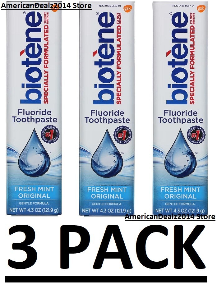 3 PACK - Biotene Original Fluoride Toothpaste, Fresh Mint 4.3oz (Total 12.9 oz)