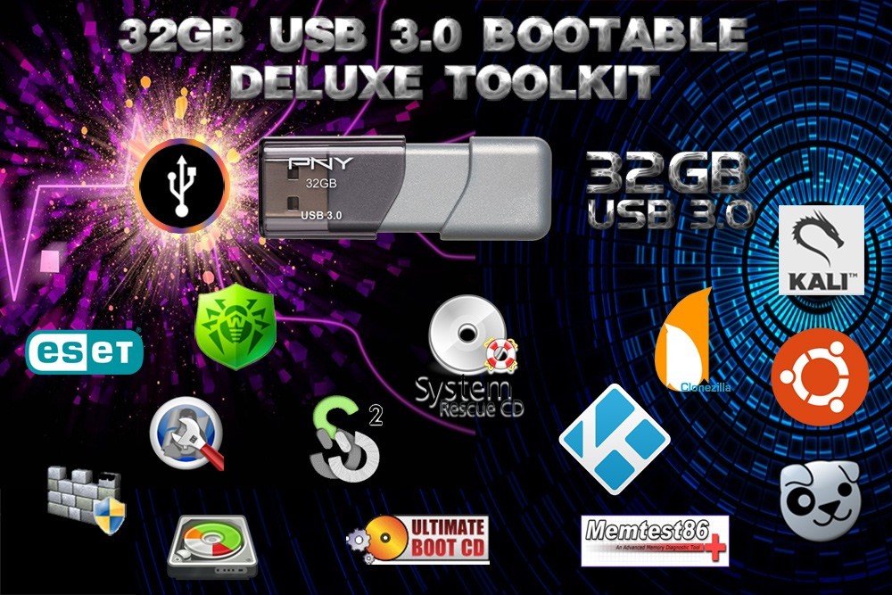 USB Bootable Deluxe Tech ToolKit - 19+ OSes Repair Scan Test Clone