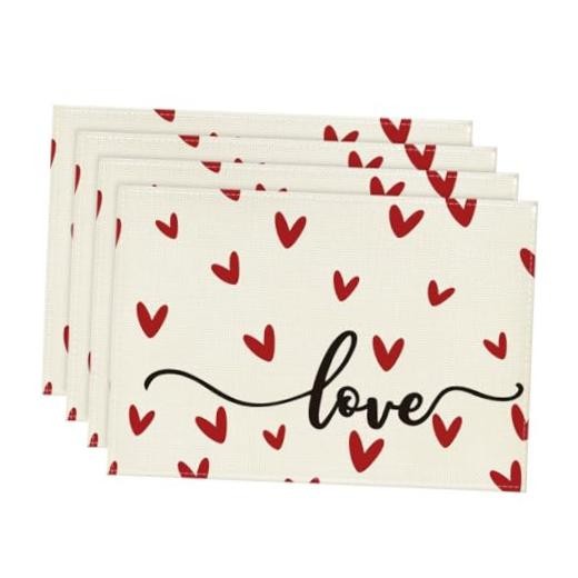 White Love Valentine Placemats Set of 4, Rectangular 4 Pcs, 12" x 18" Beige