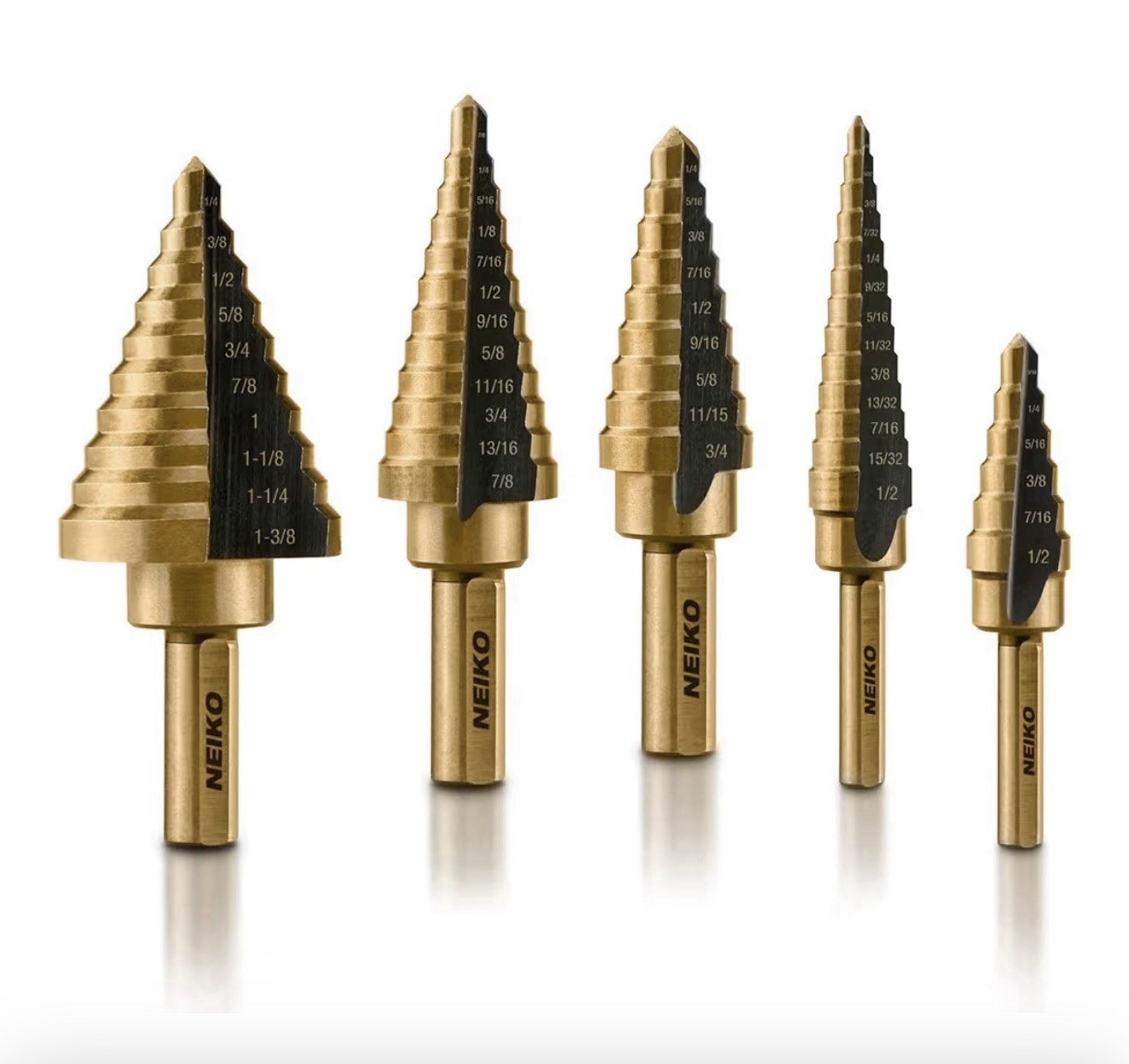 NEIKO 10197A Step Drill Bit Set, 5 Pc Step Bit for Metal, 50 SAE Sizes Total