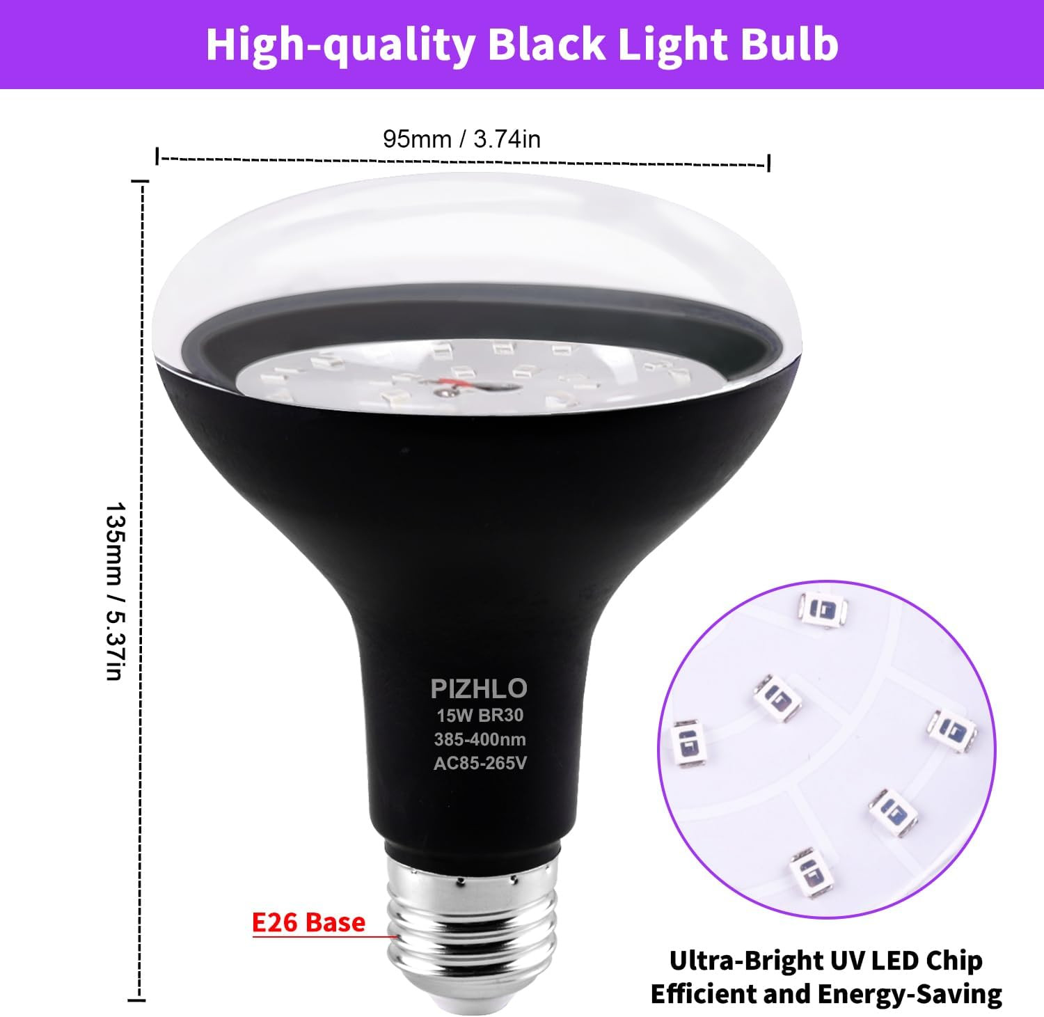 4 Pcs 15W LED Black Light Bulbs, BR30 E26 Black Shell Blacklight LED Bulb, 385-4
