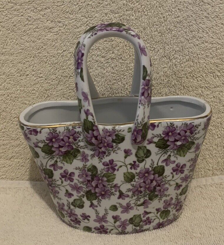 2003 Violet Chintz w/Gold Trim Porcelain Basket w/Handles 7" - EUC