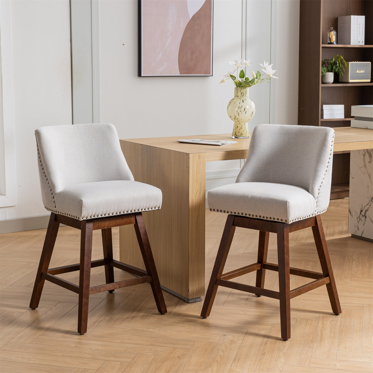 Set of 2 26in Swivel Bar Stool Kitchen Counter Height Dining Chairs Beige/Gray