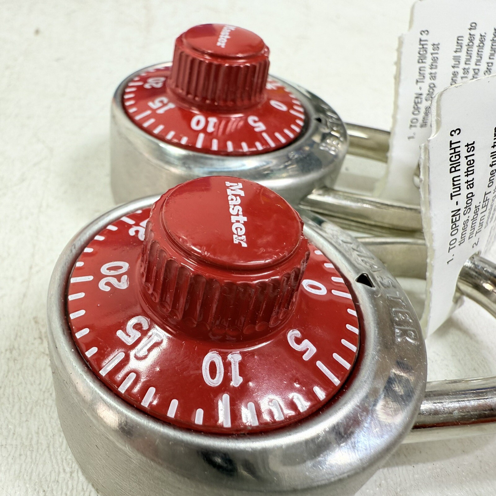 (2) New Master Lock 1525 RED Locker Padlocks, Combination Dial / V643 Key Option