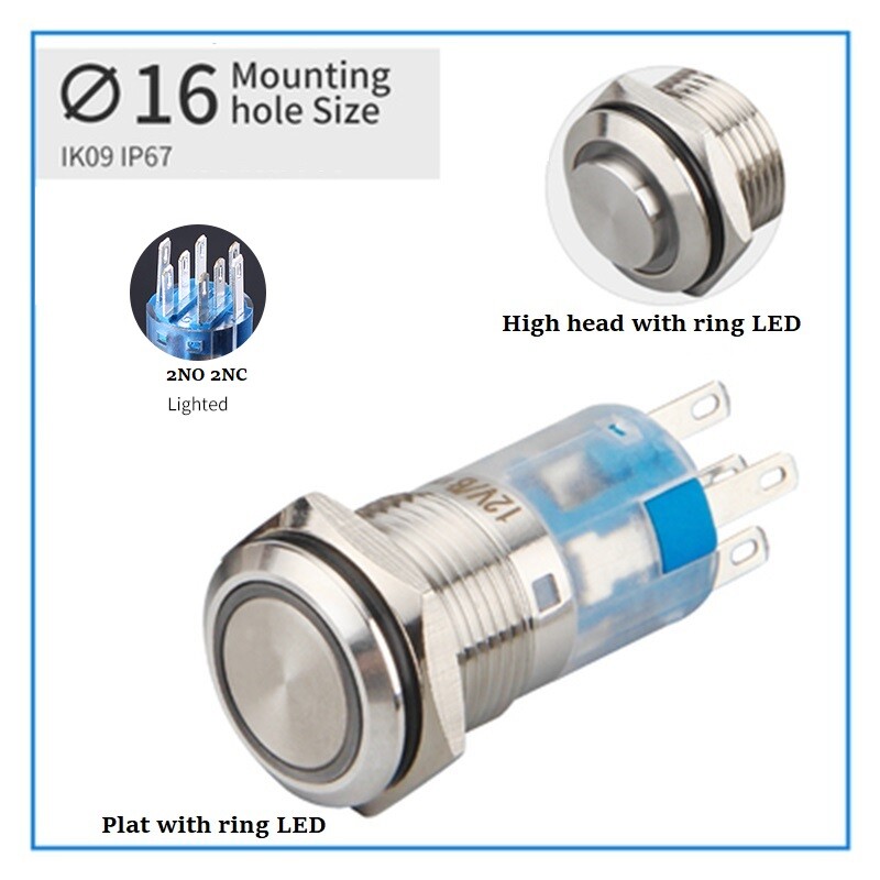 16mm 2NO 2NC Ring LED illuminated Stainless steel Anti-vandal Push Button switch