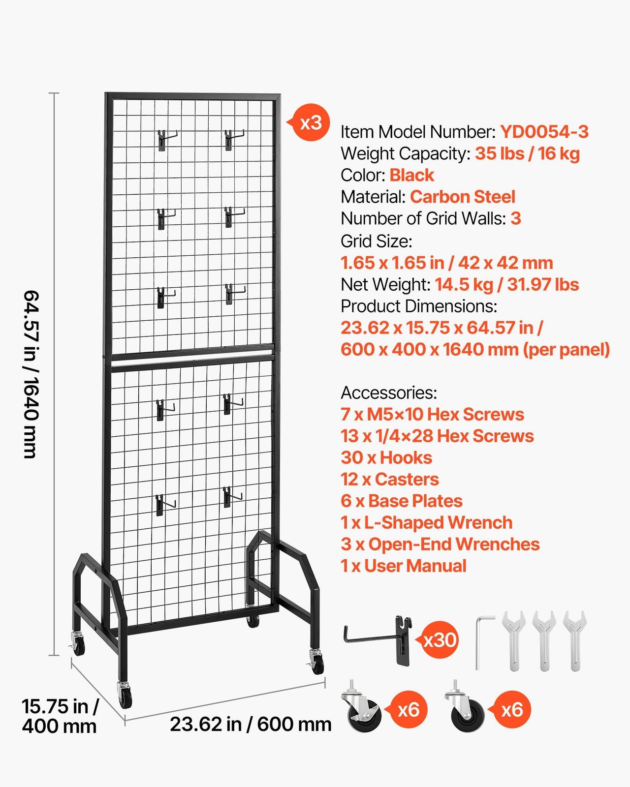 Movable Grid Wall Display Rack, 1.9x5.4ft, Steel, 30 Hooks, Locking Casters