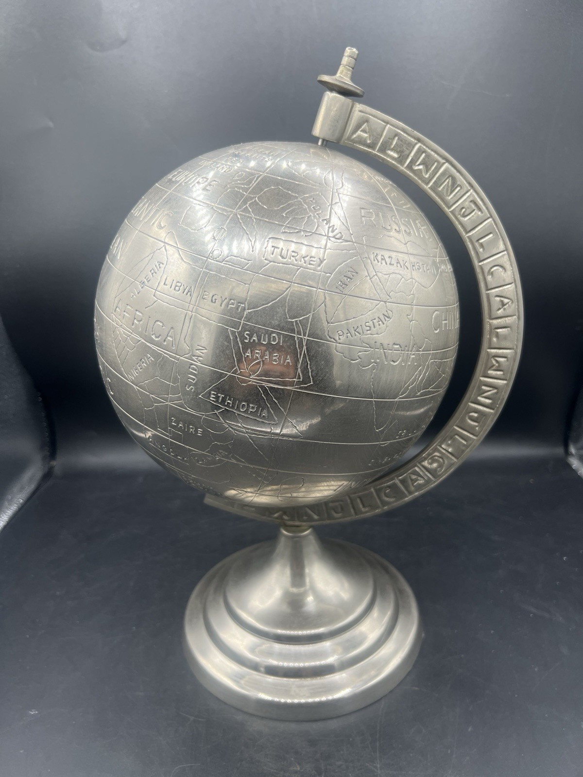 Large Rotating Globe World Map Engraved in Chrome Silver Metal 13”