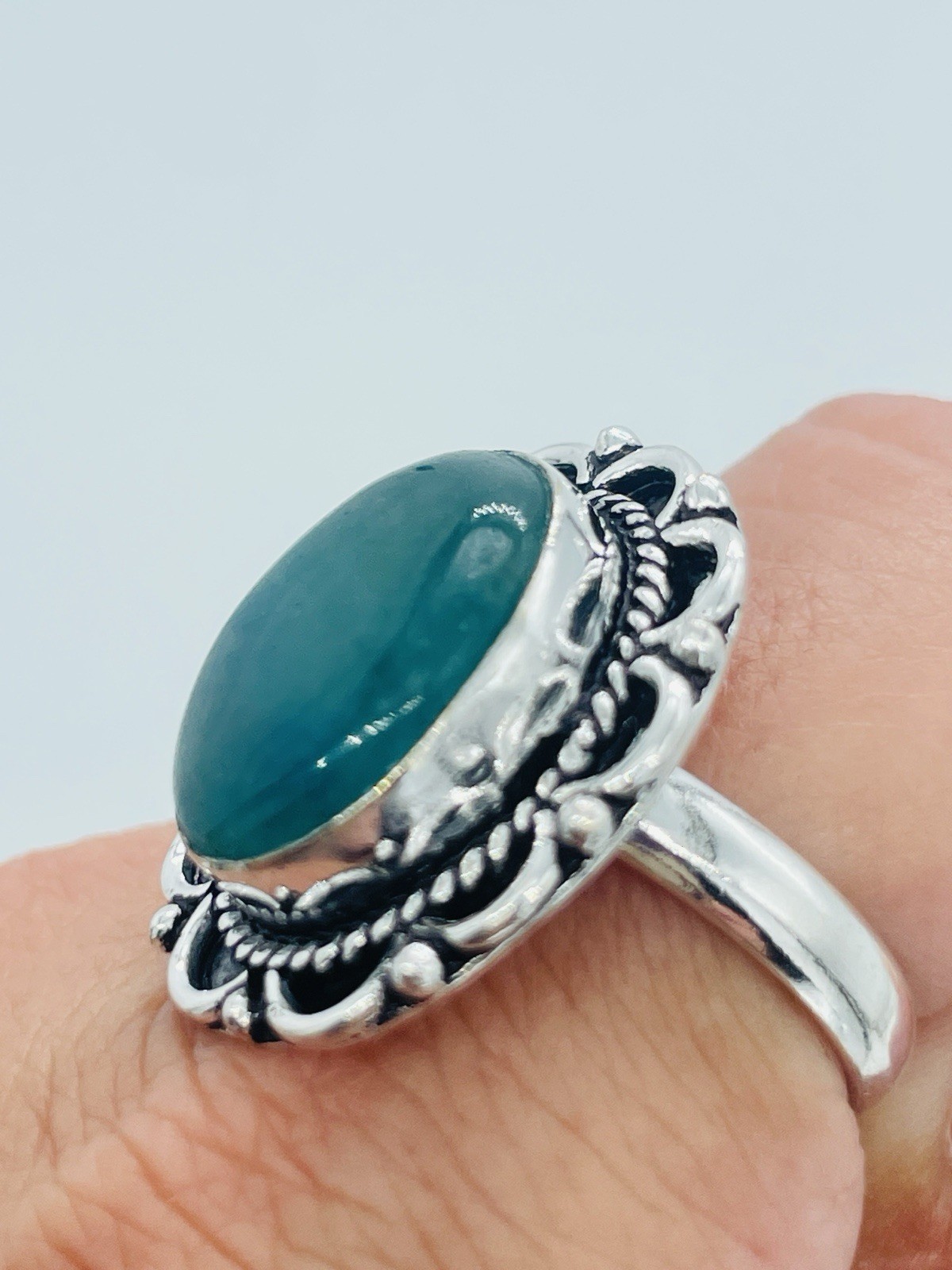 Whimsigoth Green Chalcedony 8 Silver 925 Artisan Boho Statement Ring