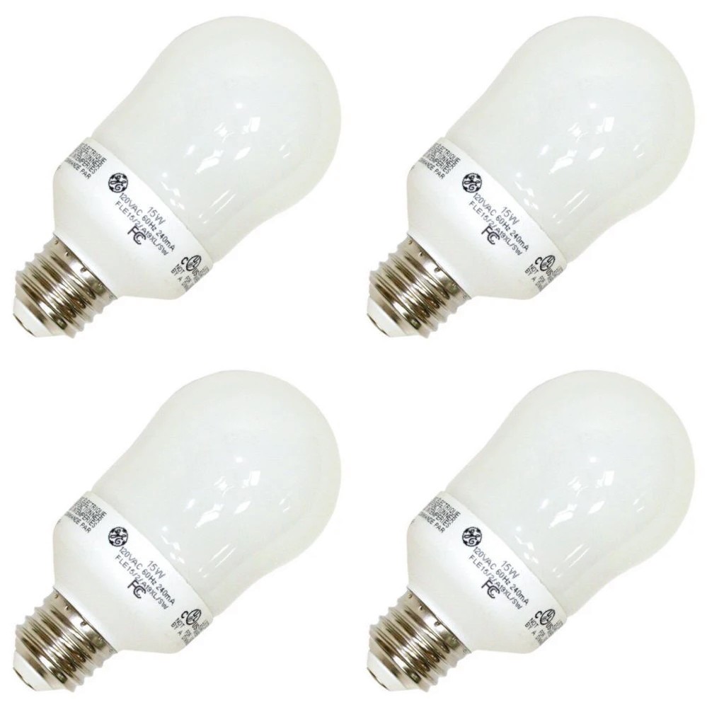 (quantity of 4) GE Compact Fluorescent- FLE15/2/A19XL Pear A Line Screw Base