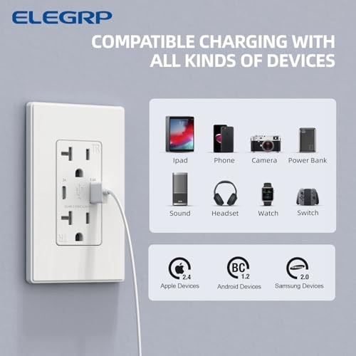 20 Amp USB Wall Outlet with Type A & C Ports, Tamper Resistant, 10 Pack, White