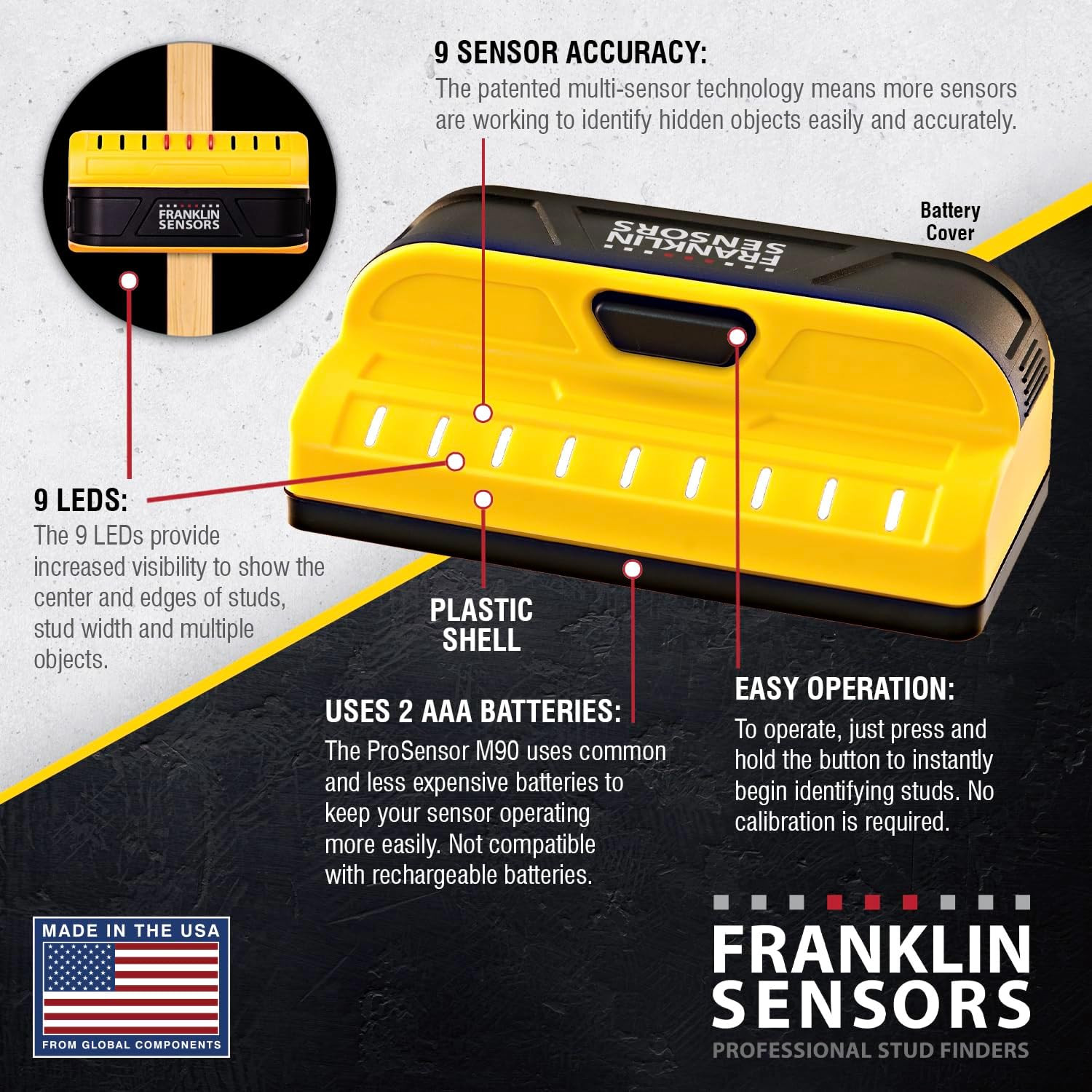 Prosensor M90 Stud Finder, 9-Sensor Wall Scanner | Wood and Metal Stud Detector,