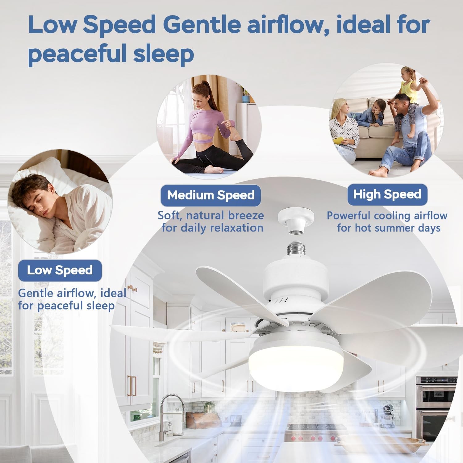 20in Dimmable E27 Socket Ceiling Fan Light 3Color Temp LED Fan Light with Remote