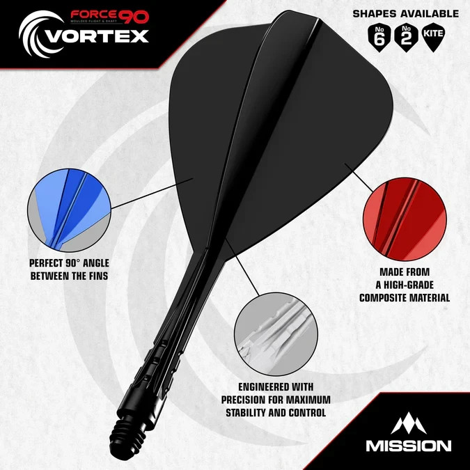MEDIUM BLACK KITE MISSION FORCE 90 VORTEX 1 PIECE MOLDED SHAFT & FLIGHT