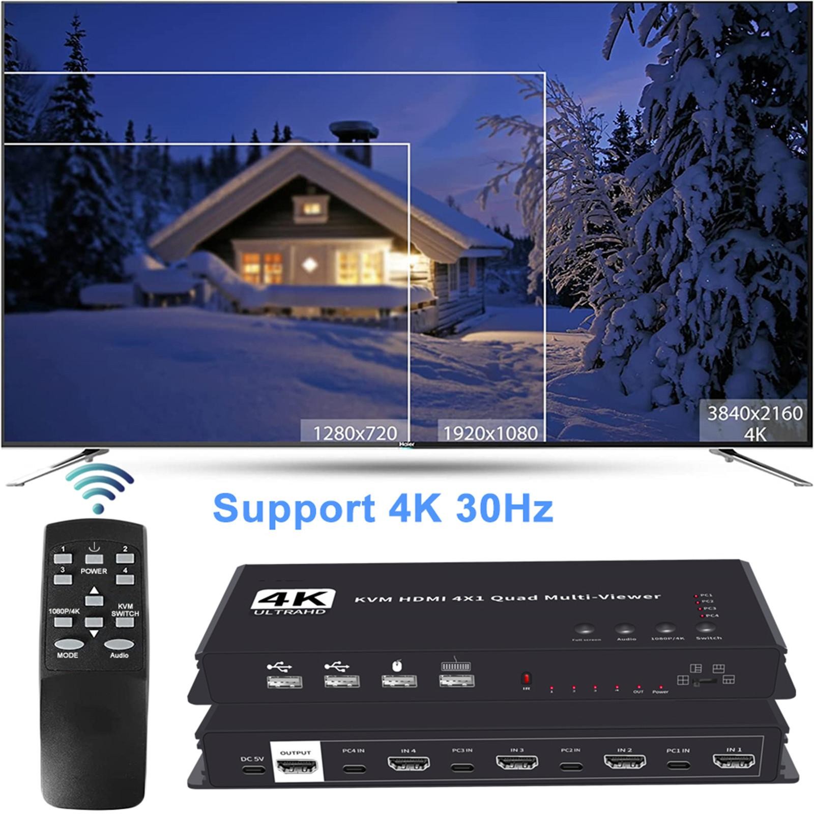 Hotkey 4K 4x1 KVM HDMI Quad Multi-Viewer Display Switch Vedio Wall Controller