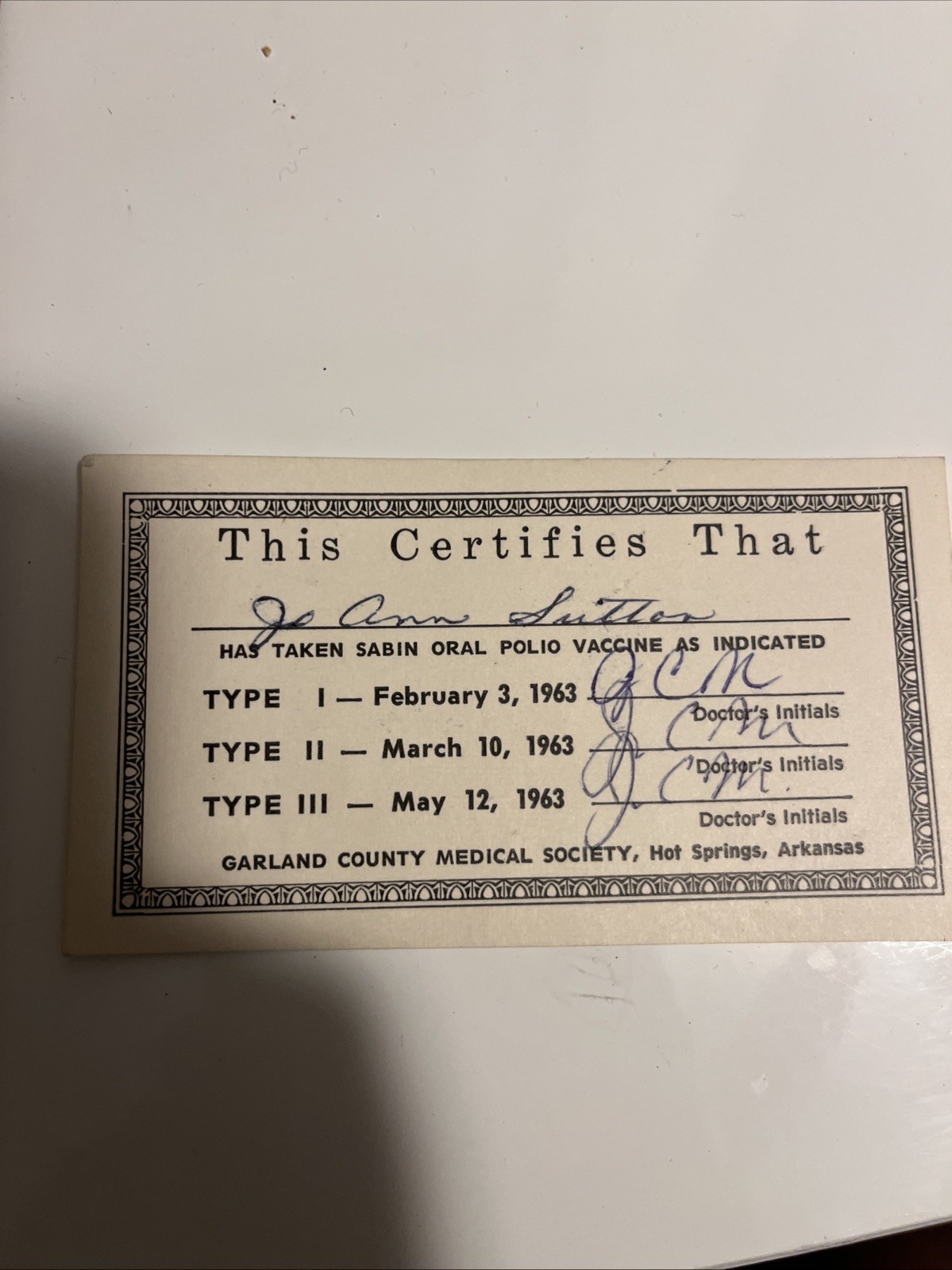 Paper Ephemera Sabin Oral Polio Vaccine Card Garland County Medical Society 1963