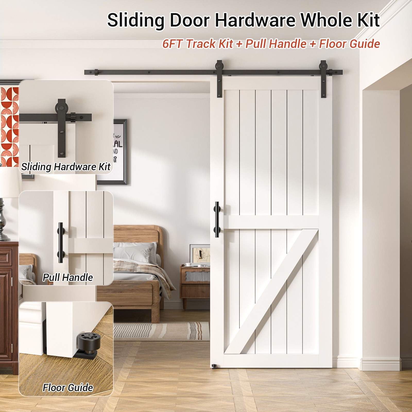 6FT Sliding barn door hardware kit & 9.5''Handle, Adjustable floor guide