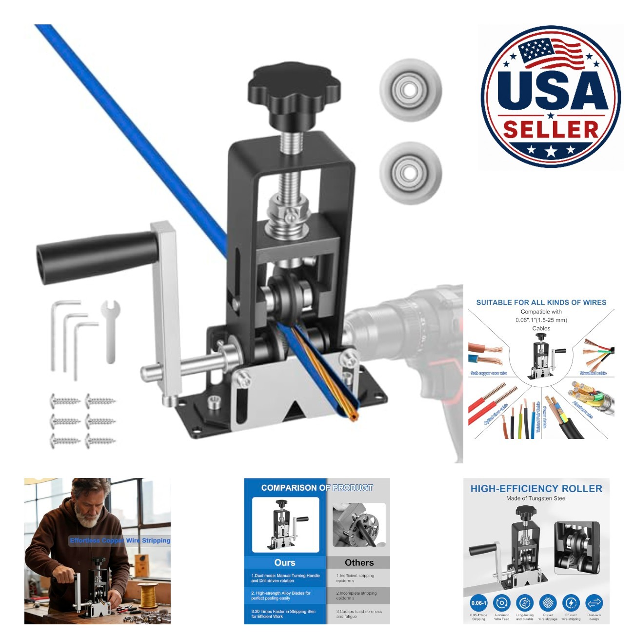 Manual Wire Stripper Machine Drill Powered Hand Crank Dual Drive for Scrap