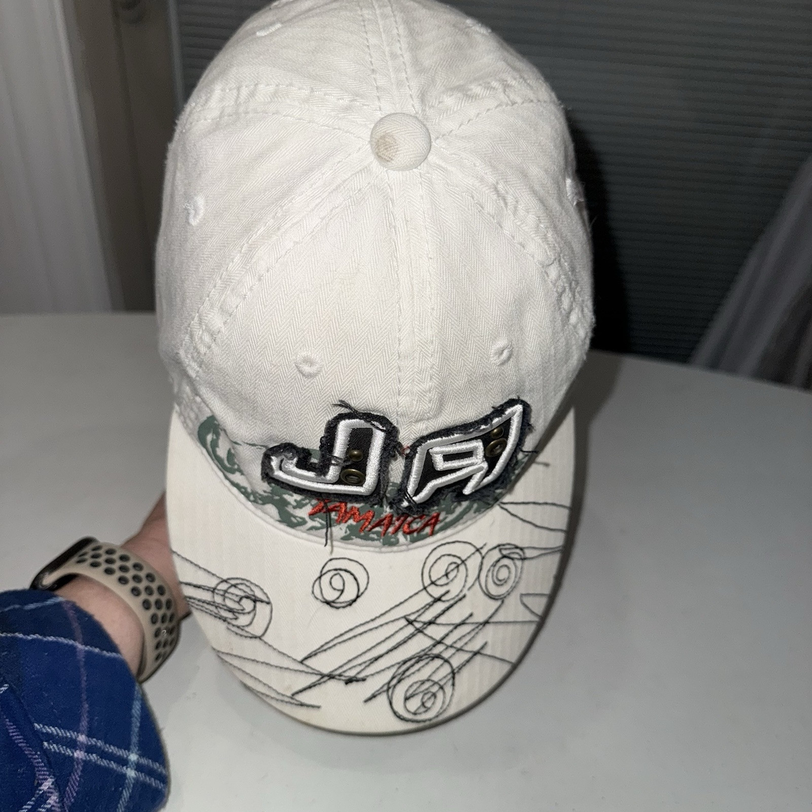 J A Jamaica w Distressed Letters Swirled embroidered bill Hat WhiteCap Hook Loop
