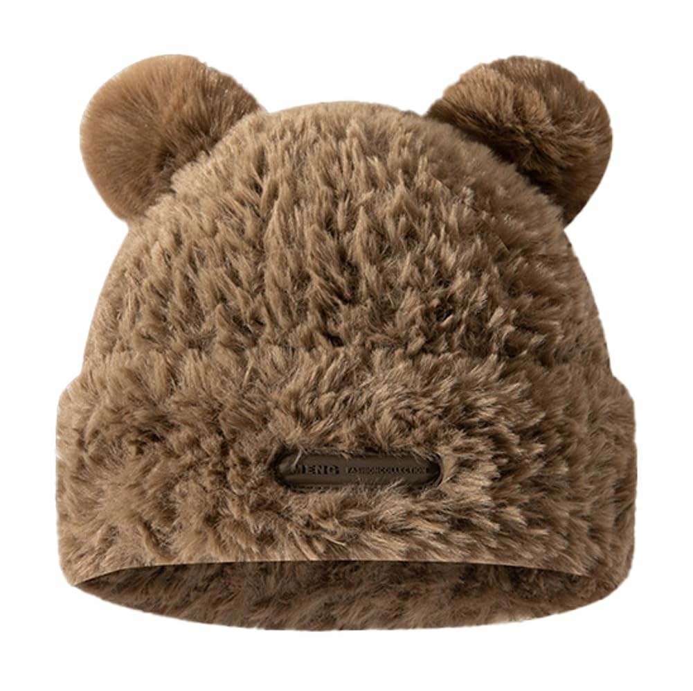 Y2K Beanie Hat for Women Cute Fuzzy Bear Ear Beanie Hat Furry Slouchy Faux Fu...