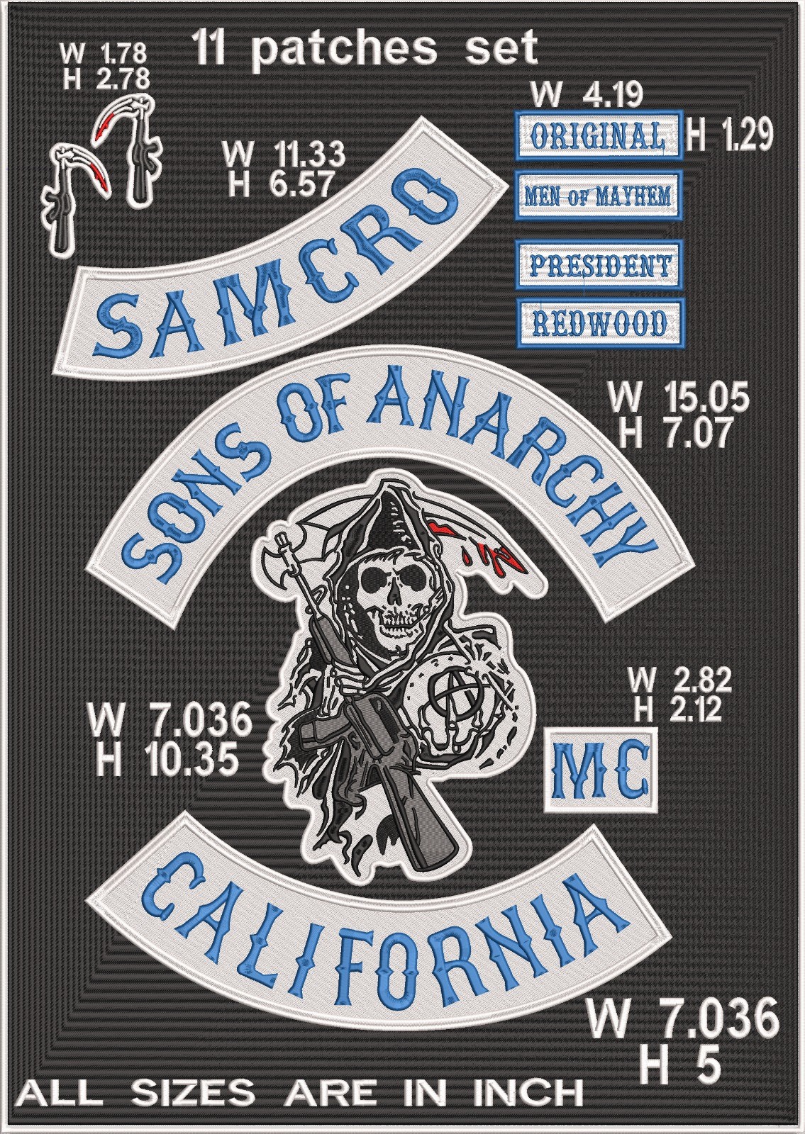 Sons Of Anarchy Emblem Motorcycle Biker Jacket Back Embroidered Patch 11 Pcs