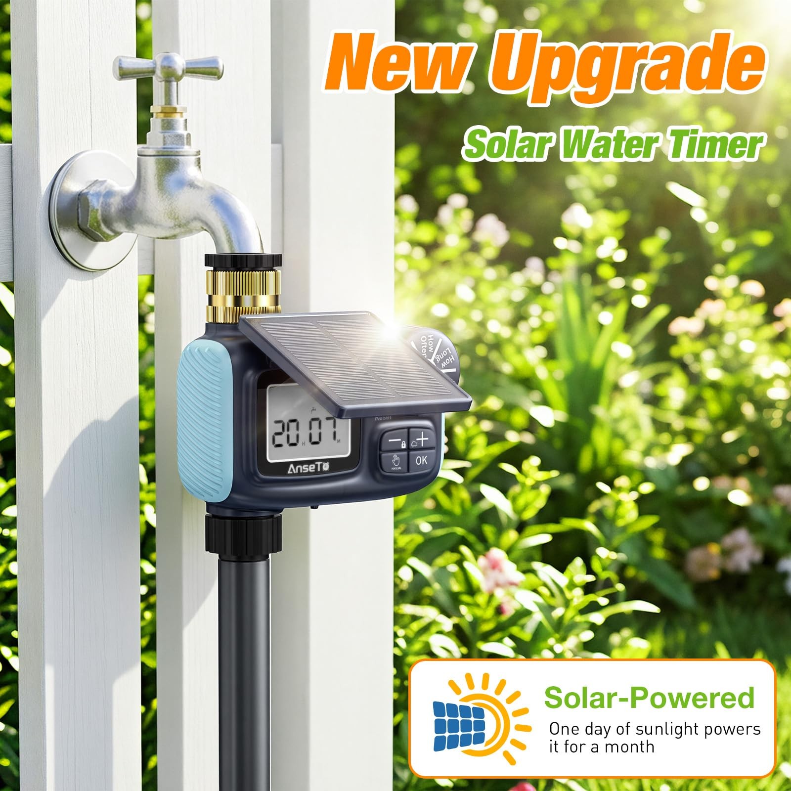 Solar Sprinkler Timer, Type~C Rechargeable, Programmable Faucet Controller