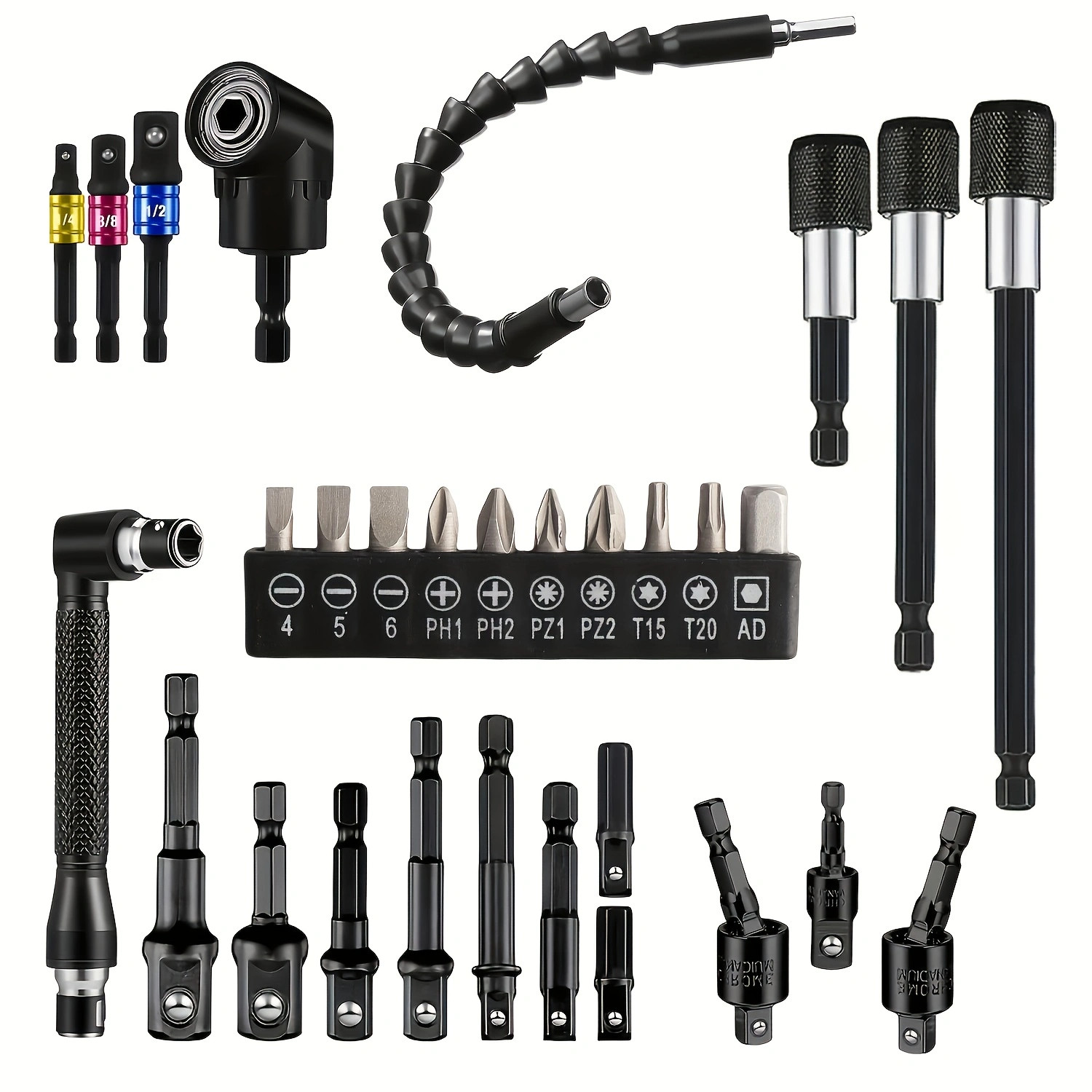 31pcs Flexible Drill Bit Extension Set Hex Shank 105° Right Angle Attachment