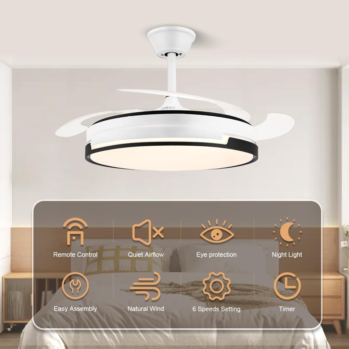 42" Smart Retractable Ceiling Fan Light with 3-Color Light & Remote, App Control