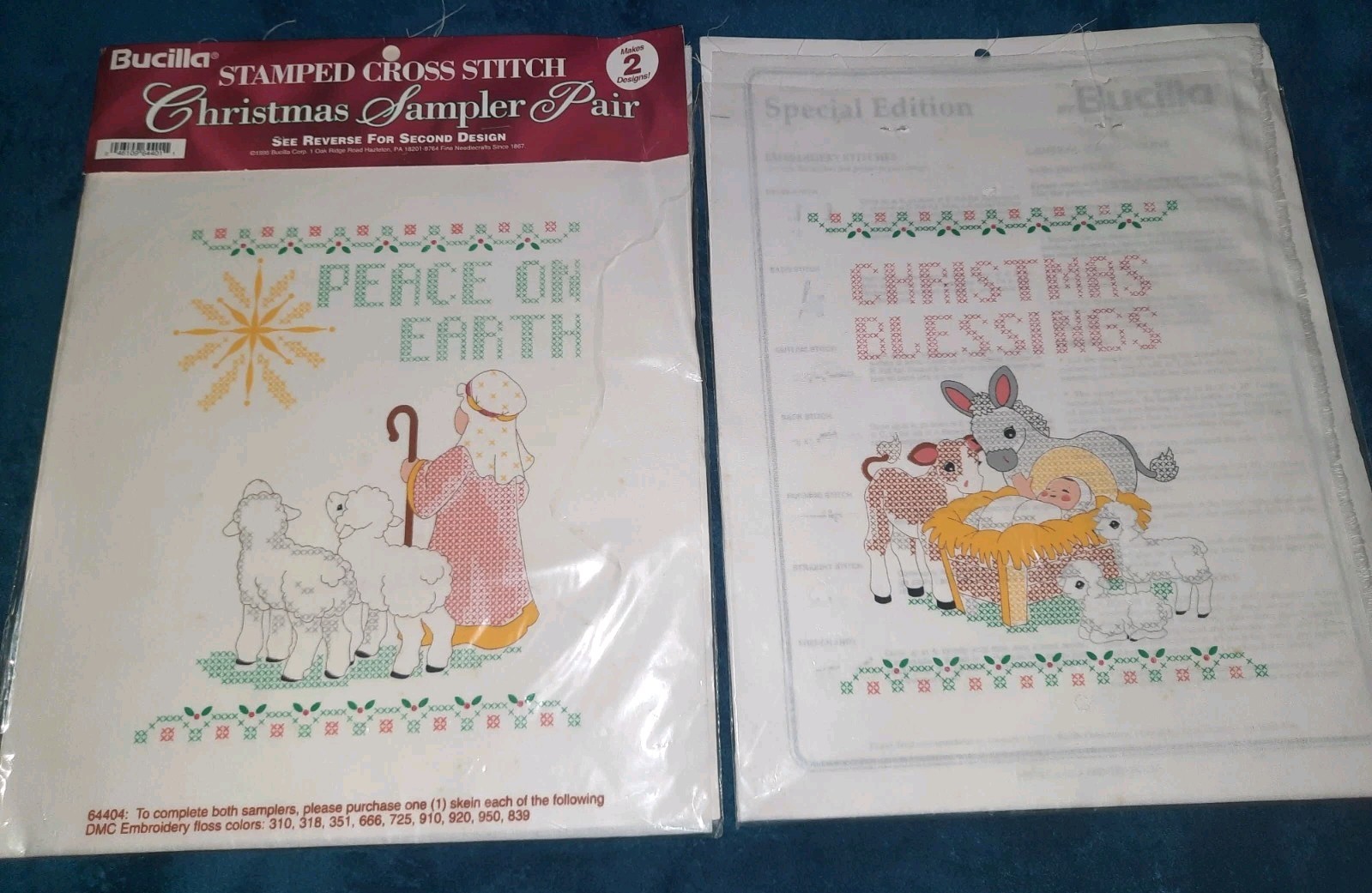 VTG Bucilla Christmas Stamped Cross Stitch Sampler 2 DESIGNS Shepherd & Manger
