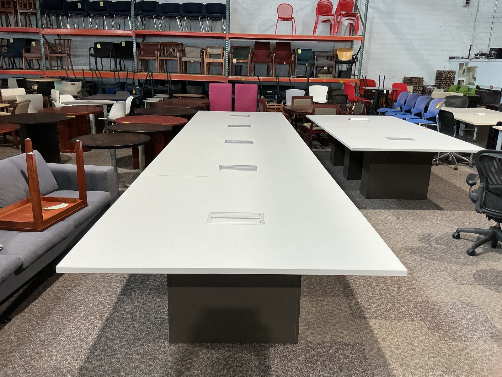 20'x5' contemporary conference table by Paoli in White w/ Gray Bases w/ power